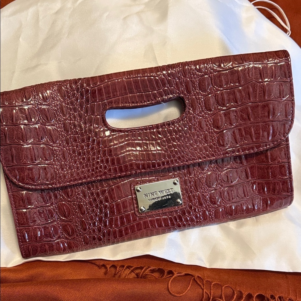 Nine West Maroon Croc Embossed Vegan Patent Leather Clutch